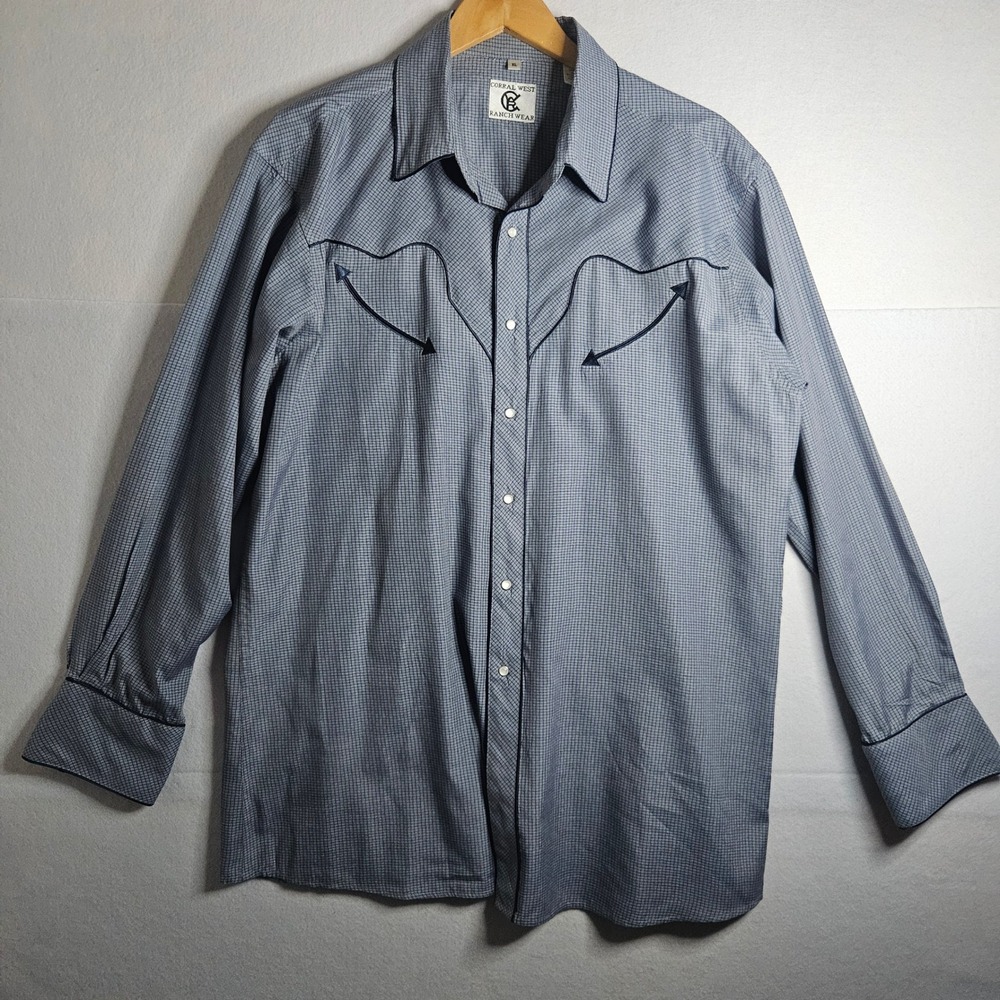 Corral West Ranchwear Mens XL Blue Plaid Western Pearl Snap Yoke Arrow Shirt